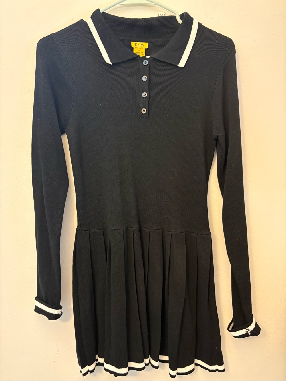 Daisy Black Polo Knit Dress with White Stripe Collar